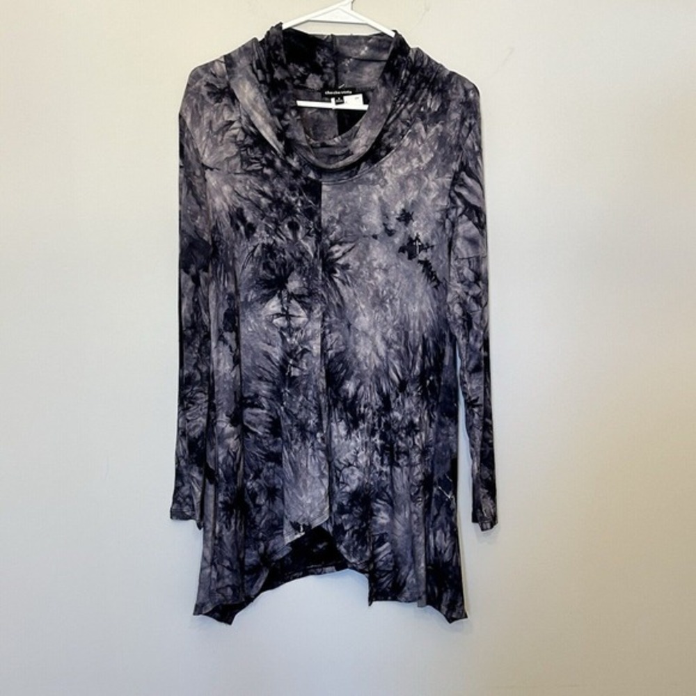 Cha‎ Cha Vente Womens Tie Dye Cowl Neck Sharkbite Tunic Top Black Grey Small
